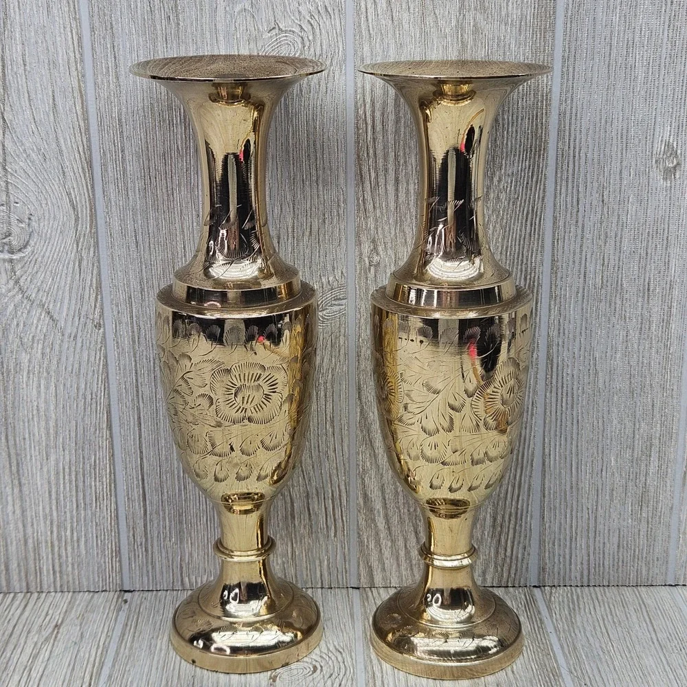 Vintage 11.5" Etched Brass Vases Pair Hand Crafted Floral Design Made in India - Picture 3 of 9
